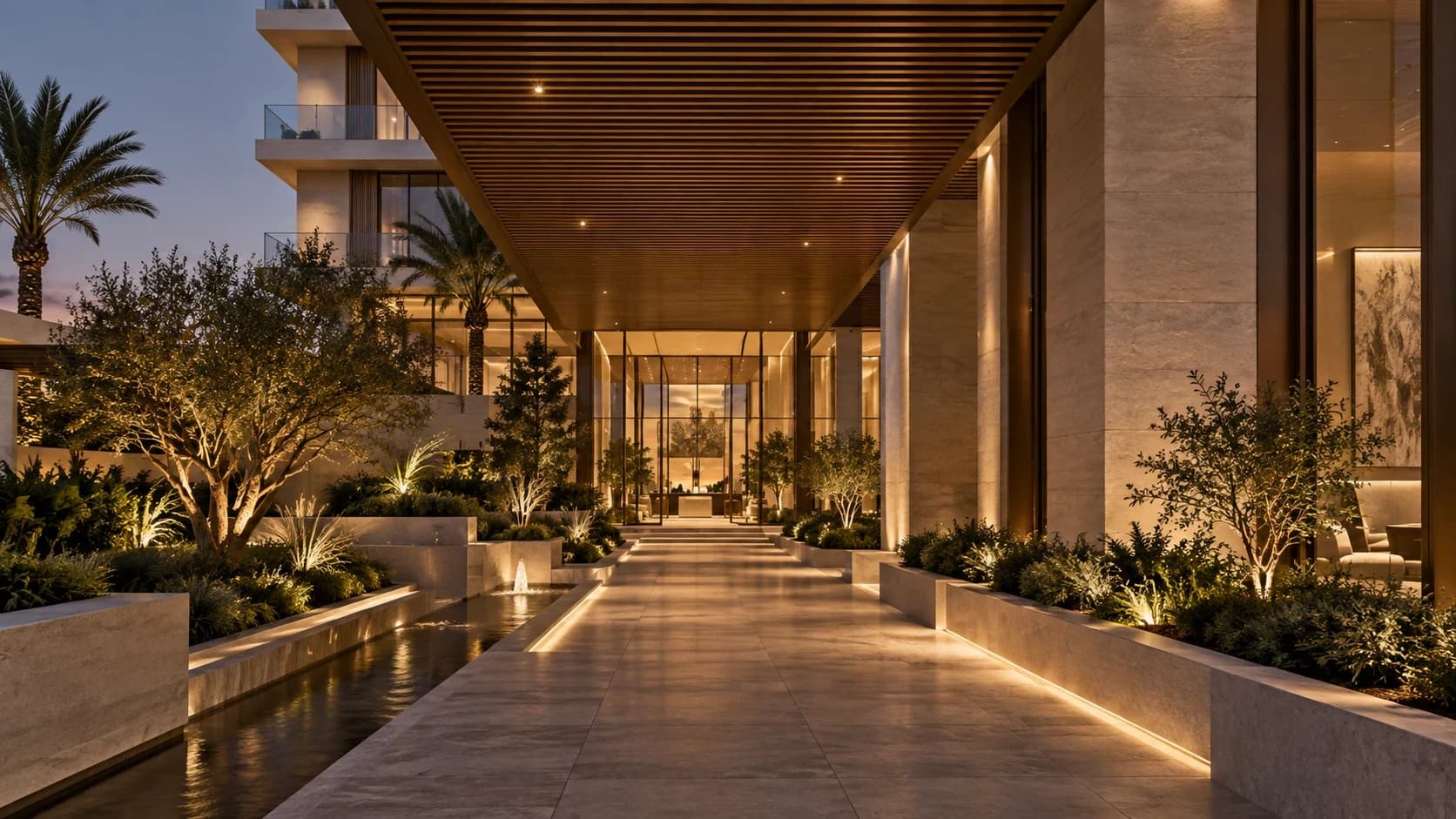 Arrival at dusk: a travertine walk beneath a timber-slatted canopy, a lit water channel and planted beds leading to the glazed lobby
