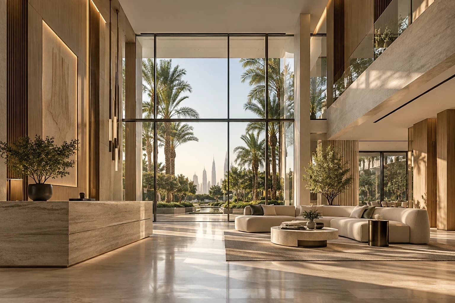 Double-height lobby in travertine and oak, full-height glazing onto palms and a reflecting pool, the skyline beyond