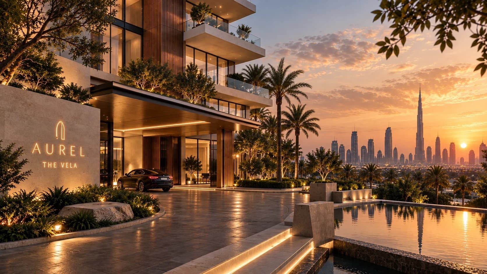 The Vela at dusk: an illuminated AUREL sign on a limestone wall, palms and a reflecting pool, with the Downtown Dubai skyline at sunset beyond