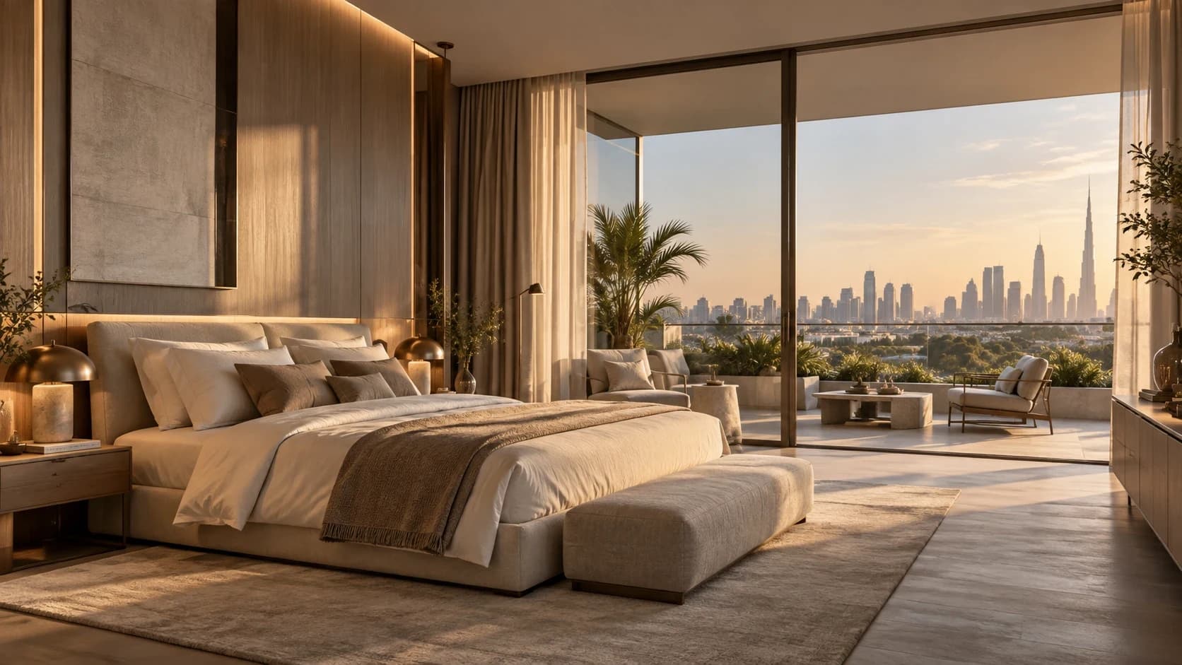 Primary bedroom in warm neutrals at golden hour, sheer linen and sliding glass opening onto a planted terrace with the skyline beyond