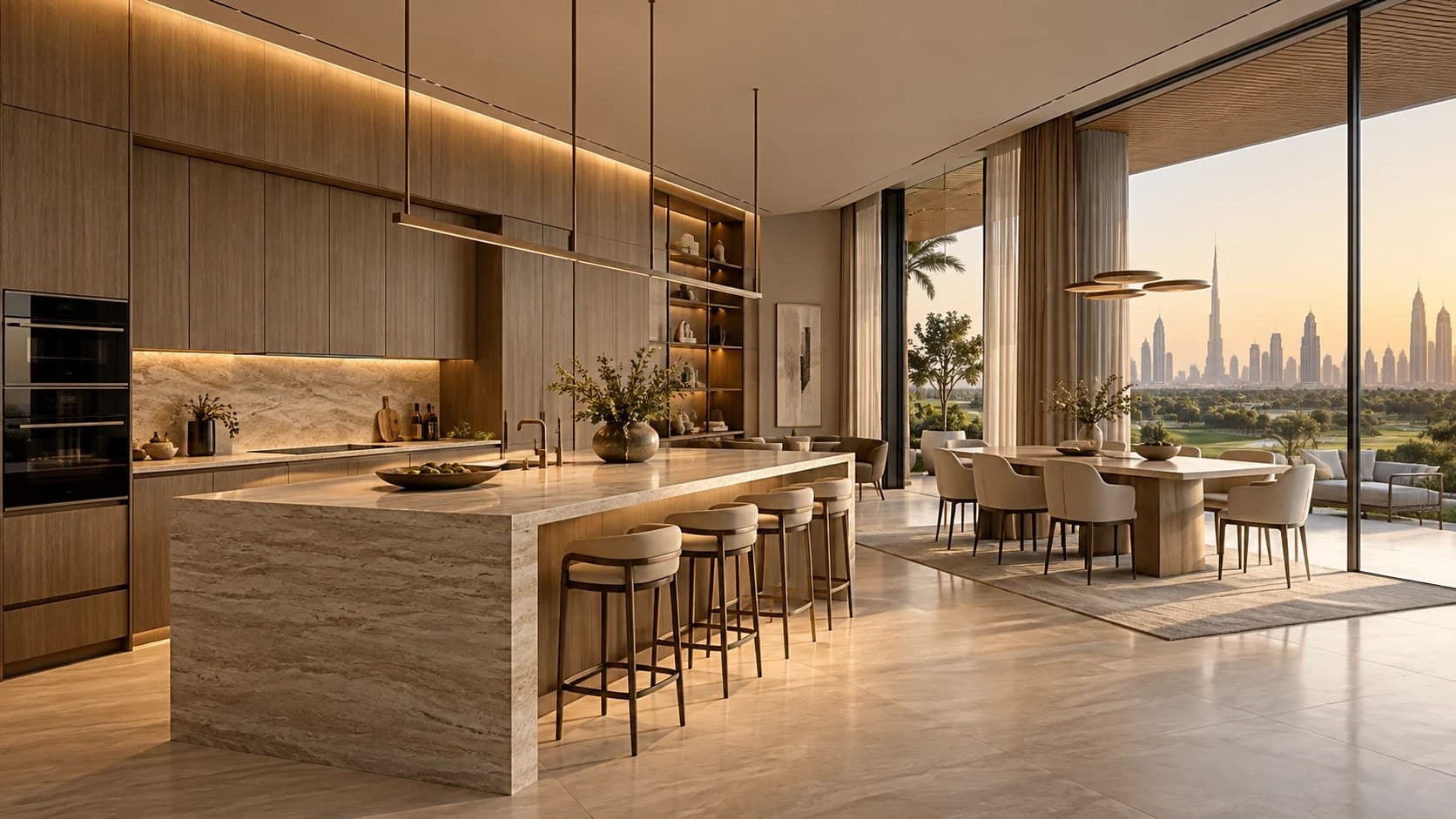 Kitchen with a travertine waterfall island and oak joinery, the dining table beside full-height glass overlooking the golf course and skyline