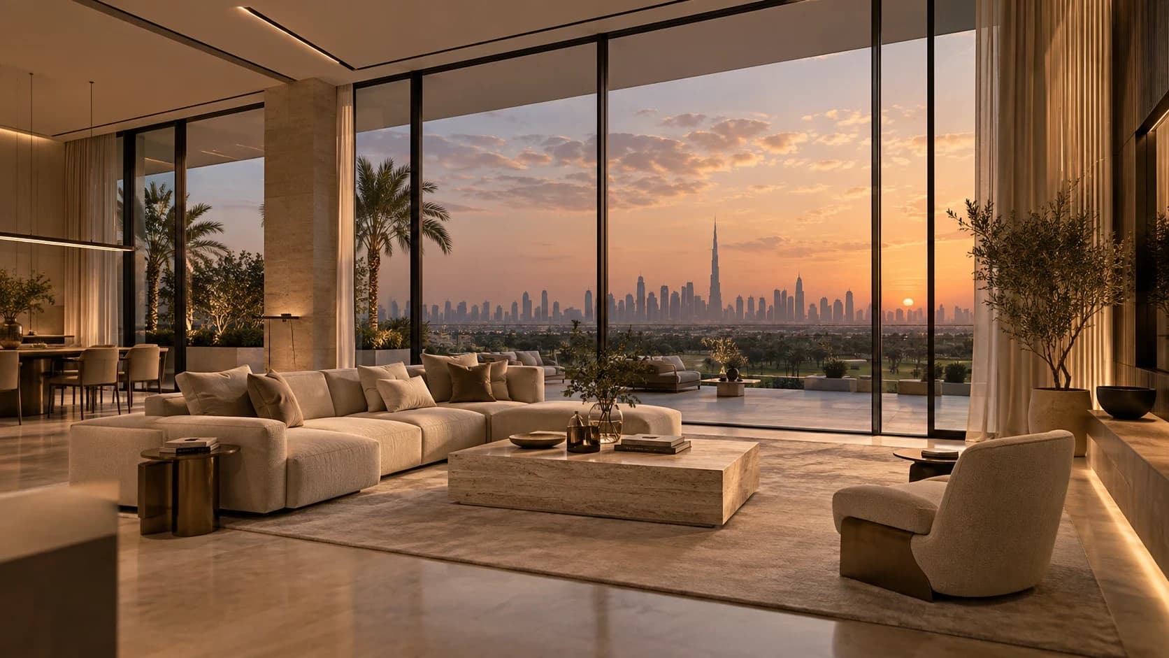 Living room at sunset: low bouclé seating and a travertine table before floor-to-ceiling glass, the golf course and Downtown skyline beyond