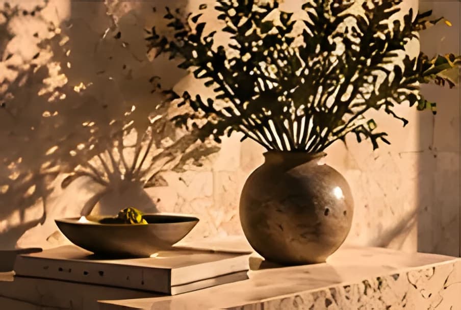 A stone vase holding an olive branch on honed travertine, lit from above