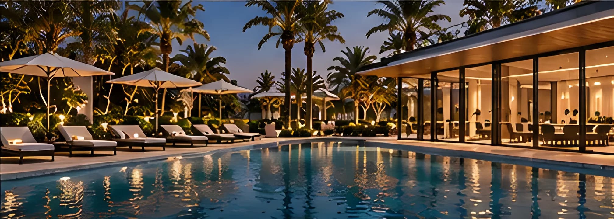 Residents' pool at dusk with loungers, parasols and palms beside a glazed pavilion