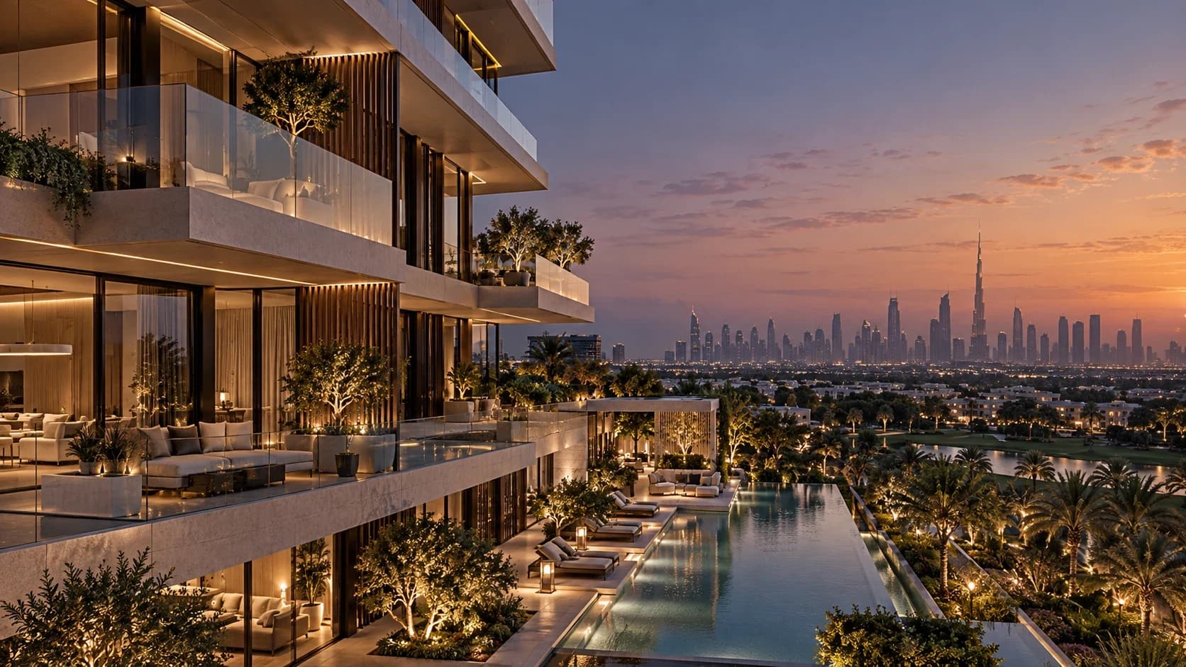 The Vela's stepped terraces at dusk above the residents' pool, with Dubai Hills and the Downtown skyline beyond
