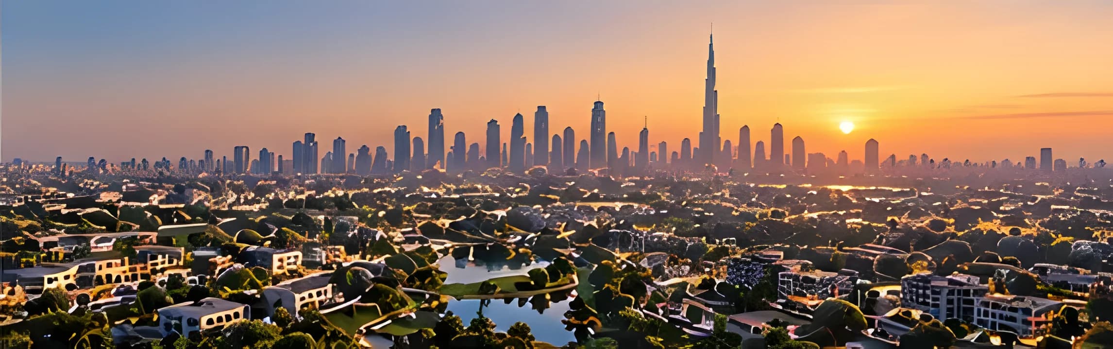 Aerial view over Dubai Hills: parkland, a lake and low-rise homes, with the Downtown skyline on the horizon at sunset