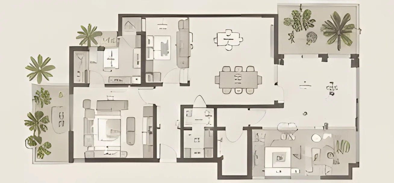 Rendered presentation plan: furnished living and dining, bedrooms, and planted terraces