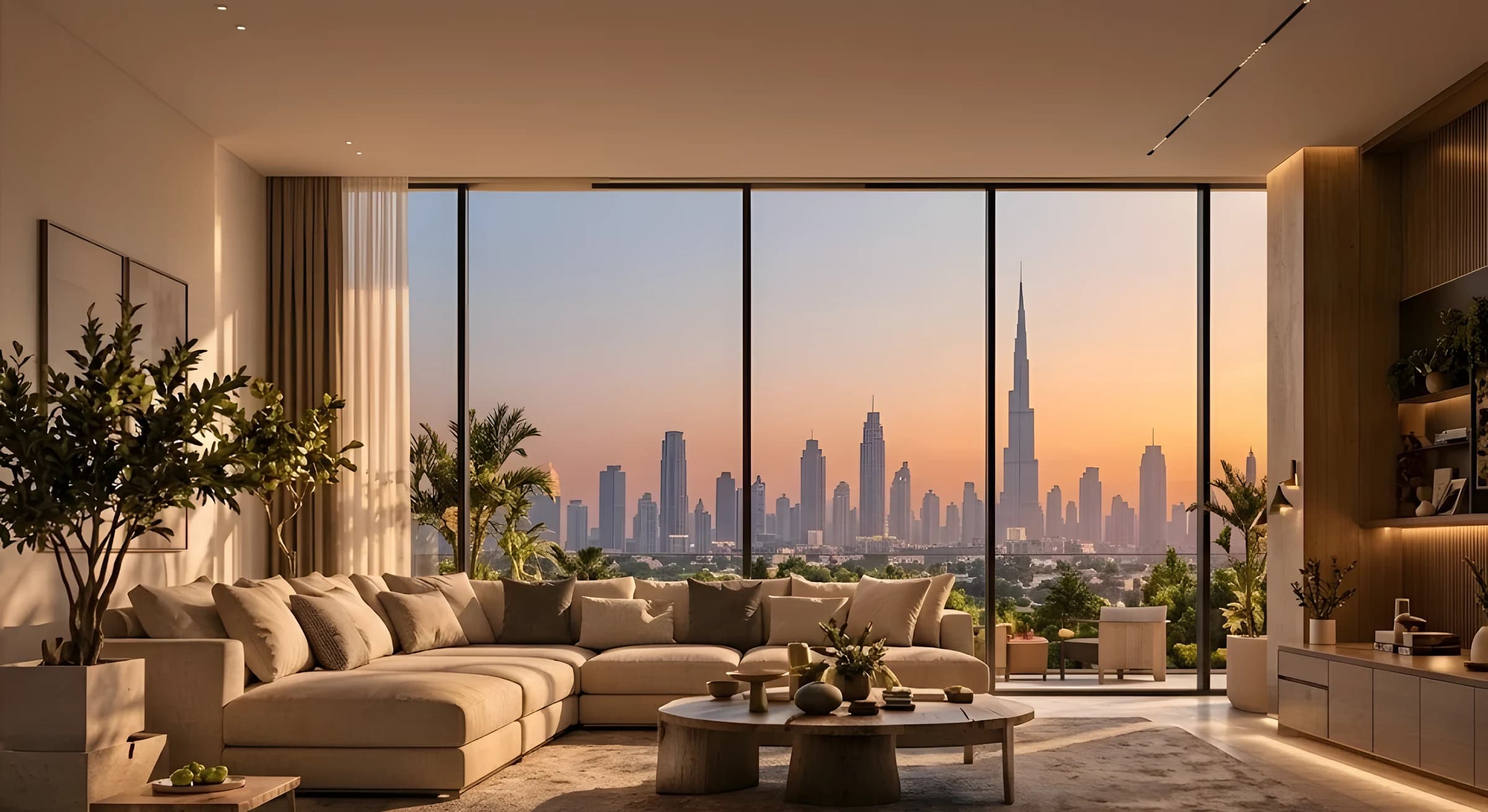 Residence 2A living room at dusk: a cream sectional facing full-height glass and the Downtown skyline